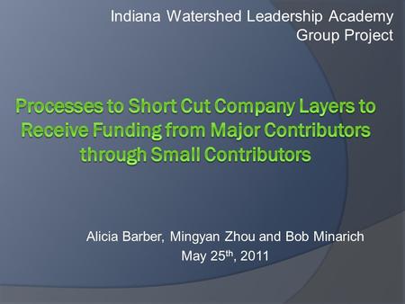 Alicia Barber, Mingyan Zhou and Bob Minarich May 25 th, 2011 Indiana Watershed Leadership Academy Group Project.