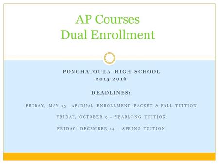 PONCHATOULA HIGH SCHOOL 2015-2016 DEADLINES: FRIDAY, MAY 15 –AP/DUAL ENROLLMENT PACKET & FALL TUITION FRIDAY, OCTOBER 9 – YEARLONG TUITION FRIDAY, DECEMBER.