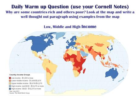 Daily Warm up Question (use your Cornell Notes) Why are some countries rich and others poor? Look at the map and write a well thought out paragraph using.
