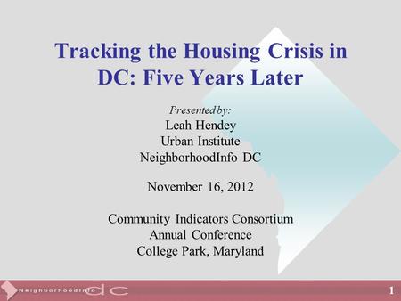 1 Tracking the Housing Crisis in DC: Five Years Later Presented by: Leah Hendey Urban Institute NeighborhoodInfo DC November 16, 2012 Community Indicators.