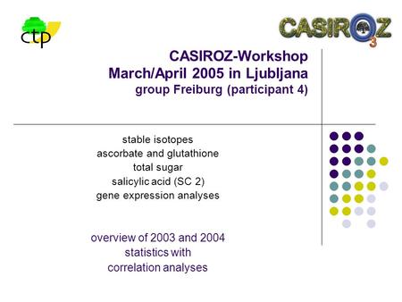 CASIROZ-Workshop March/April 2005 in Ljubljana group Freiburg (participant 4) stable isotopes ascorbate and glutathione total sugar salicylic acid (SC.