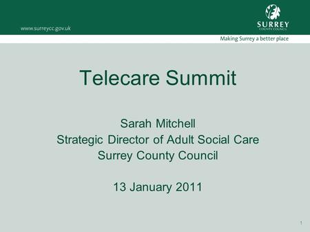 1 Telecare Summit Sarah Mitchell Strategic Director of Adult Social Care Surrey County Council 13 January 2011.