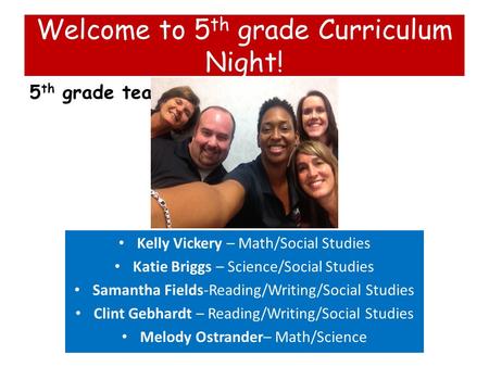 Welcome to 5 th grade Curriculum Night! 5 th grade team Kelly Vickery – Math/Social Studies Katie Briggs – Science/Social Studies Samantha Fields-Reading/Writing/Social.
