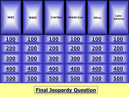 Final Jeopardy Question WWI WWII 100 Latin America Middle East Africa 500 400 300 200 100 200 300 400 500 400 300 200 100 Cold War.
