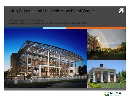  Using Colleges and Universities as Event Venues Chuck Salem, President of Unique Venues Norma Charette, Director of Conference Sales for Campus Conference.