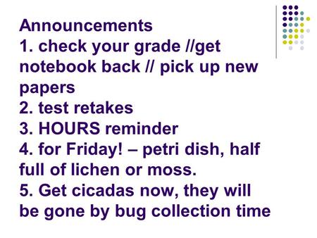 Announcements 1. check your grade //get notebook back // pick up new papers 2. test retakes 3. HOURS reminder 4. for Friday! – petri dish, half full of.
