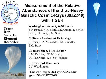 Measurement of the Relative Abundances of the Ultra-Heavy Galactic Cosmic-Rays (30  Z  40) with TIGER Washington University in St. Louis B.F. Rauch,