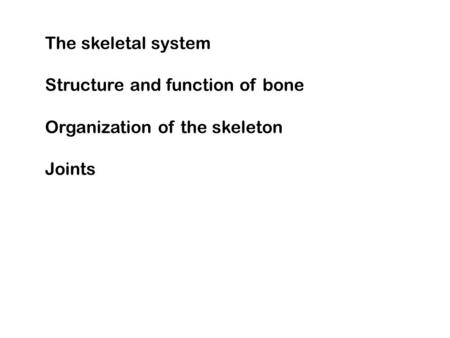 The skeletal system Structure and function of bone Organization of the skeleton Joints.