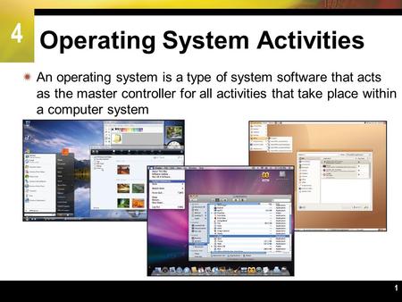 4 1 Operating System Activities  An operating system is a type of system software that acts as the master controller for all activities that take place.