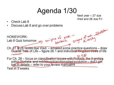 Agenda 1/30 Check Lab 8 Discuss Lab 8 and go over problems HOMEWORK- Lab 8 Quiz tomorrow Ch. 27 & 28 Notes due Wed. – emailed some practice questions –