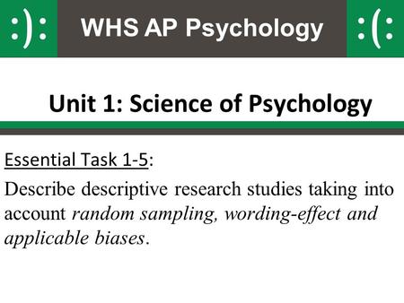WHS AP Psychology Unit 1: Science of Psychology Essential Task 1-5: Describe descriptive research studies taking into account random sampling, wording-effect.