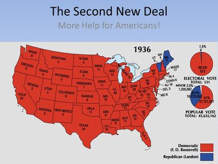 The Second New Deal More Help for Americans! 1936 : FDR was re-elected 1 st time maj. of African-Americans voted for Demo. 1 st time labor unions gave.
