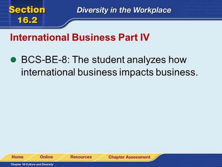 International Business Part IV BCS-BE-8: The student analyzes how international business impacts business.