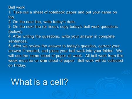 Bell work 1. Take out a sheet of notebook paper and put your name on top. 2. On the next line, write today’s date. 3. On the next line (or lines), copy.