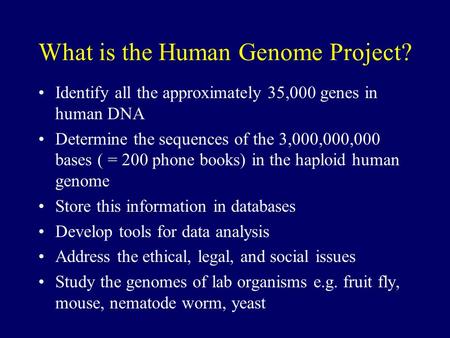 What is the Human Genome Project? Identify all the approximately 35,000 genes in human DNA Determine the sequences of the 3,000,000,000 bases ( = 200 phone.