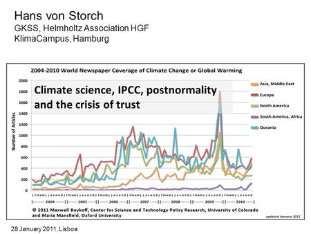 Hans von Storch GKSS, Helmholtz Association HGF KlimaCampus, Hamburg Climate science, IPCC, postnormality and the crisis of trust 28 January 2011, Lisboa.