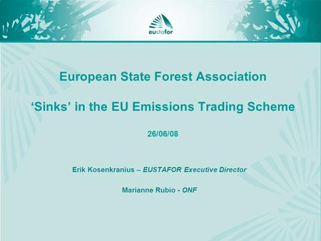 European State Forest Association ‘Sinks’ in the EU Emissions Trading Scheme 26/06/08 Erik Kosenkranius – EUSTAFOR Executive Director Marianne Rubio -