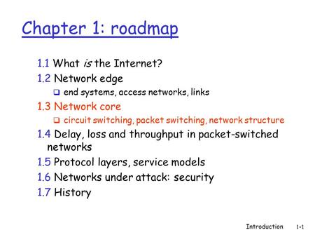 Introduction 1-1 Chapter 1: roadmap 1.1 What is the Internet? 1.2 Network edge  end systems, access networks, links 1.3 Network core  circuit switching,
