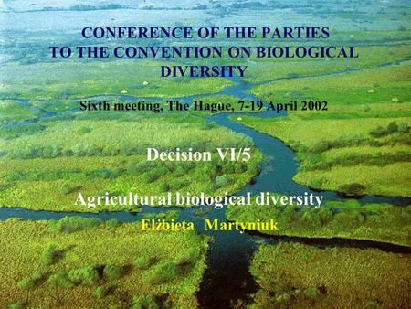 CONFERENCE OF THE PARTIES TO THE CONVENTION ON BIOLOGICAL DIVERSITY Sixth meeting, The Hague, 7-19 April 2002 Elżbieta Martyniuk Decision VI/5 Agricultural.