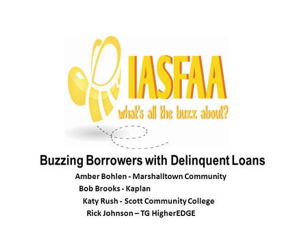 Buzzing Borrowers with Delinquent Loans Amber Bohlen - Marshalltown Community Bob Brooks - Kaplan Katy Rush - Scott Community College Rick Johnson – TG.