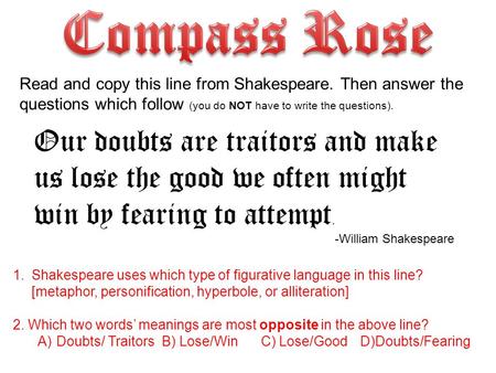 Compass Rose Read and copy this line from Shakespeare. Then answer the questions which follow (you do NOT have to write the questions). Our doubts are.