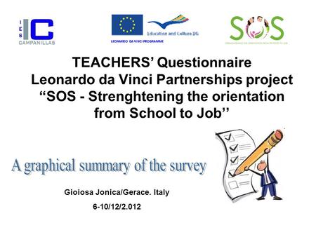 TEACHERS’ Questionnaire Leonardo da Vinci Partnerships project “SOS - Strenghtening the orientation from School to Job’’ Gioiosa Jonica/Gerace. Italy 6-10/12/2.012.