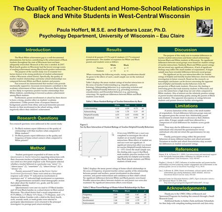 The Quality of Teacher-Student and Home-School Relationships in Black and White Students in West-Central Wisconsin Paula Hoffert, M.S.E. and Barbara Lozar,
