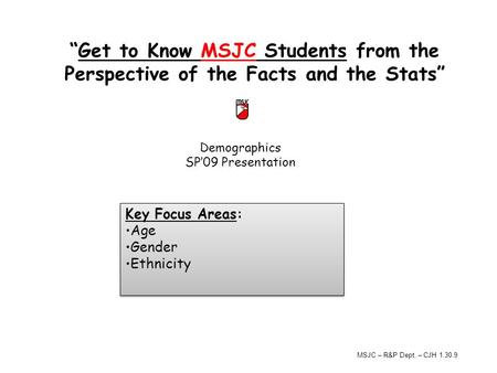 Demographics SP’09 Presentation “Get to Know MSJC Students from the Perspective of the Facts and the Stats” Key Focus Areas: Age Gender Ethnicity Key Focus.