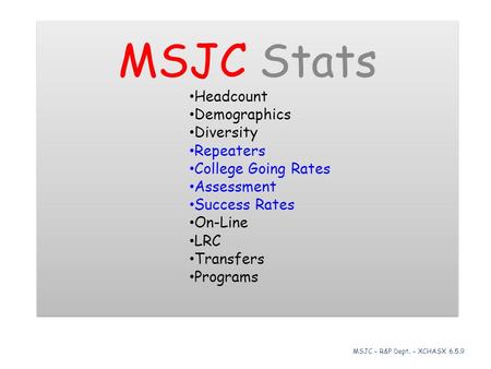MSJC Stats Headcount Demographics Diversity Repeaters College Going Rates Assessment Success Rates On-Line LRC Transfers Programs MSJC Stats Headcount.