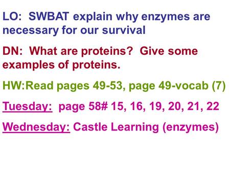 LO: SWBAT explain why enzymes are necessary for our survival DN: What are proteins? Give some examples of proteins. HW:Read pages 49-53, page 49-vocab.