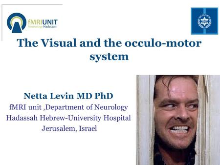The Visual and the occulo-motor system Netta Levin MD PhD fMRI unit,Department of Neurology Hadassah Hebrew-University Hospital Jerusalem, Israel.