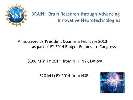 BRAIN: Brain Research through Advancing Innovative Neurotechnologies Announced by President Obama in February 2013 as part of FY 2014 Budget Request to.
