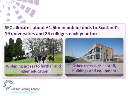 Learning and teachingResearch and innovation SFC allocates about £1.6bn in public funds to Scotland’s 19 universities and 25 colleges each year for: Student.