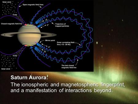 1 Saturn Aurora: The ionospheric and magnetospheric fingerprint, and a manifestation of interactions beyond. Saturn Aurora: The ionospheric and magnetospheric.