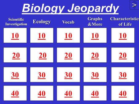 Biology Jeopardy 10 20 30 40 10 20 30 40 10 20 30 40 >>>> 10 20 30 Scientific Investigation Ecology Graphs &More Vocab 10 20 30 40 Characteristics of.