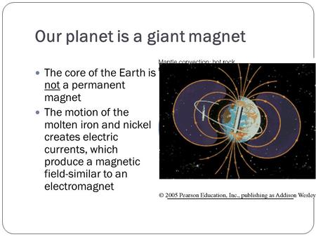 Our planet is a giant magnet The core of the Earth is not a permanent magnet The motion of the molten iron and nickel creates electric currents, which.