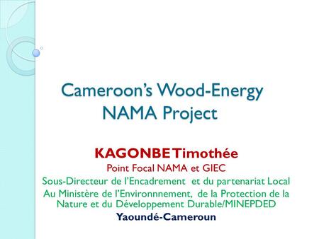 Cameroon’s Wood-Energy NAMA Project Cameroon’s Wood-Energy NAMA Project KAGONBE Timothée Point Focal NAMA et GIEC Sous-Directeur de l’Encadrement et du.