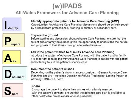 Identify appropriate patients for Advance Care Planning (ACP) Opportunities for Advance Care Planning discussions should be actively sought by all healthcare.