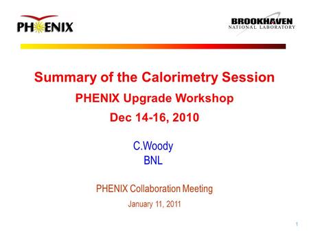 1 C.Woody BNL Summary of the Calorimetry Session PHENIX Upgrade Workshop Dec 14-16, 2010 PHENIX Collaboration Meeting January 11, 2011.