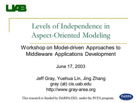 Levels of Independence in Aspect-Oriented Modeling Workshop on Model-driven Approaches to Middleware Applications Development June 17, 2003 Jeff Gray,
