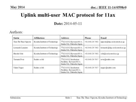 Submission doc.: IEEE 11-14/0598r0 Slide 1Tran Thi Thao Nguyen, Kyushu Institute of Technology May 2014 Uplink multi-user MAC protocol for 11ax Authors: