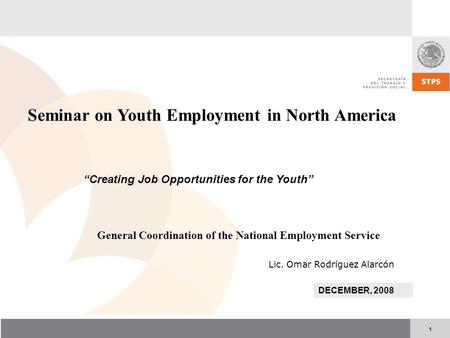 1 Seminar on Youth Employment in North America DECEMBER, 2008 General Coordination of the National Employment Service “Creating Job Opportunities for the.