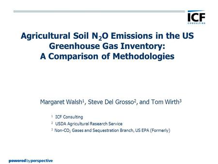 Agricultural Soil N 2 O Emissions in the US Greenhouse Gas Inventory: A Comparison of Methodologies Margaret Walsh 1, Steve Del Grosso 2, and Tom Wirth.