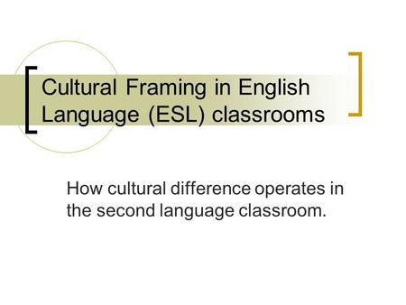 Cultural Framing in English Language (ESL) classrooms How cultural difference operates in the second language classroom.