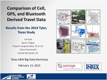 Comparison of Cell, GPS, and Bluetooth Derived Travel Data Results from the 2014 Tyler, Texas Study Texas A&M Big Data Workshop February 13, 2015 Ed Hard.