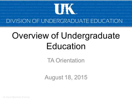 Overview of Undergraduate Education TA Orientation August 18, 2015.