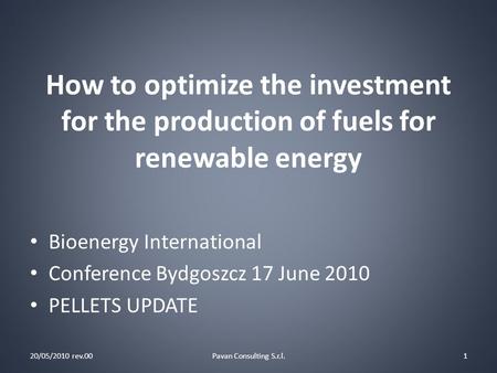 How to optimize the investment for the production of fuels for renewable energy 20/05/2010 rev.00Pavan Consulting S.r.l.1 Bioenergy International Conference.