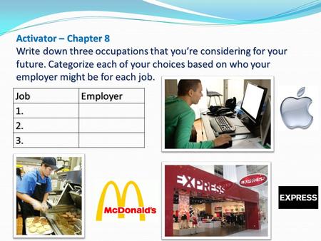 Activator – Chapter 8 Write down three occupations that you’re considering for your future. Categorize each of your choices based on who your employer.