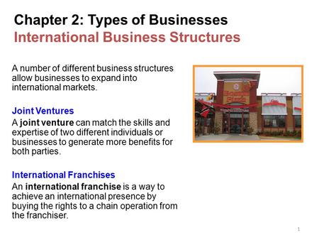 1 Chapter 2: Types of Businesses International Business Structures A number of different business structures allow businesses to expand into international.