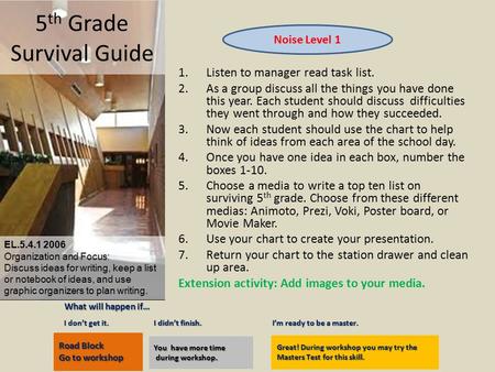 5 th Grade Survival Guide 1.Listen to manager read task list. 2.As a group discuss all the things you have done this year. Each student should discuss.